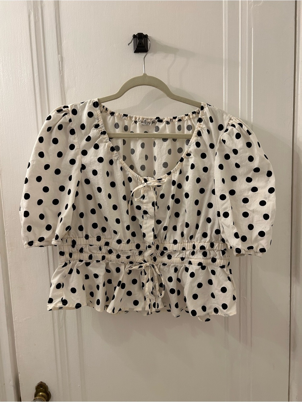 Joie White Blouse with Black Polka Dots and Puff Sleeves